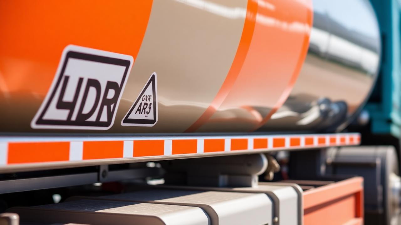 Orange ADR placard mounted on the side of a UK tanker trailer