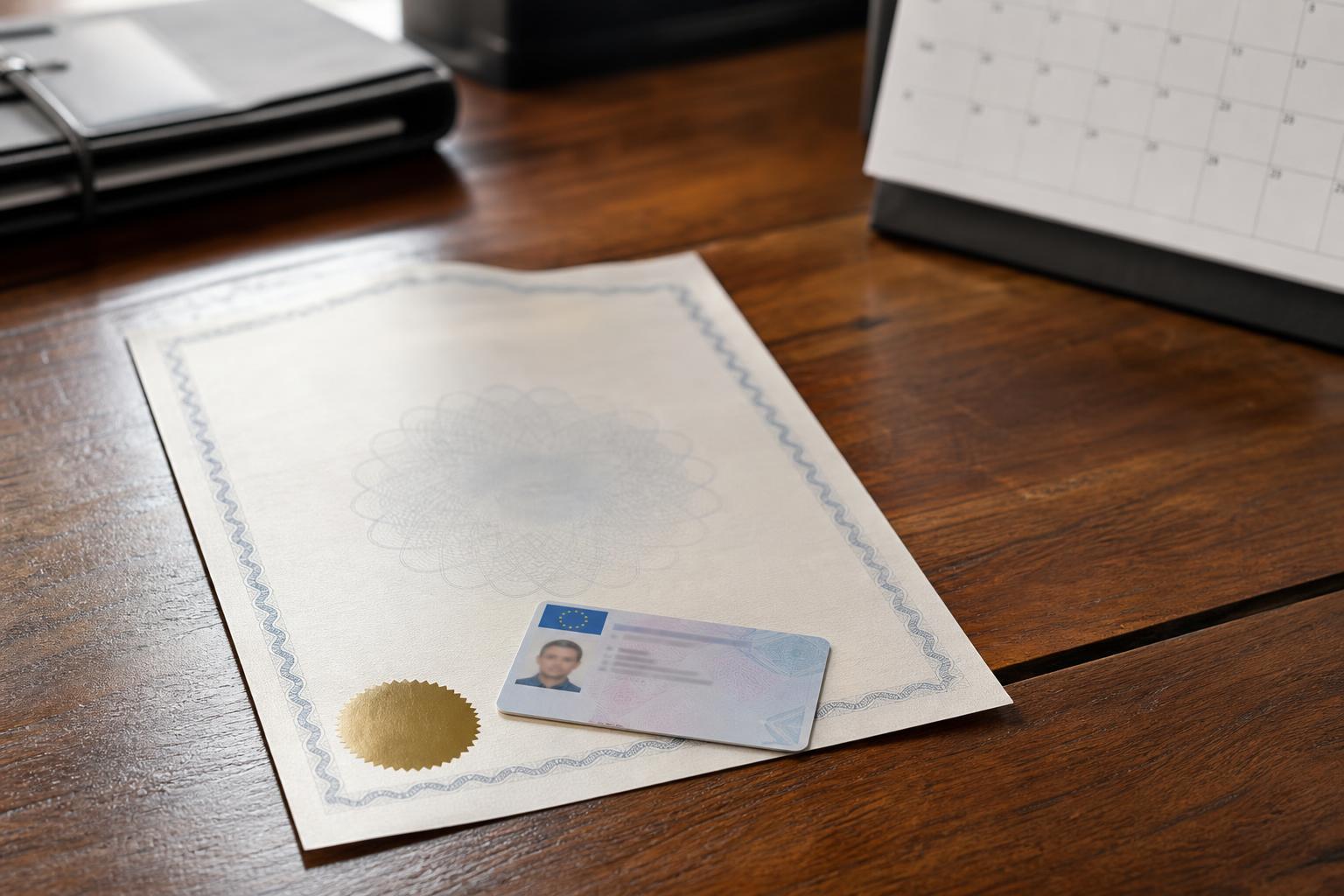 Driver ADR certificate and vocational licence card on a wooden desk beside a calendar