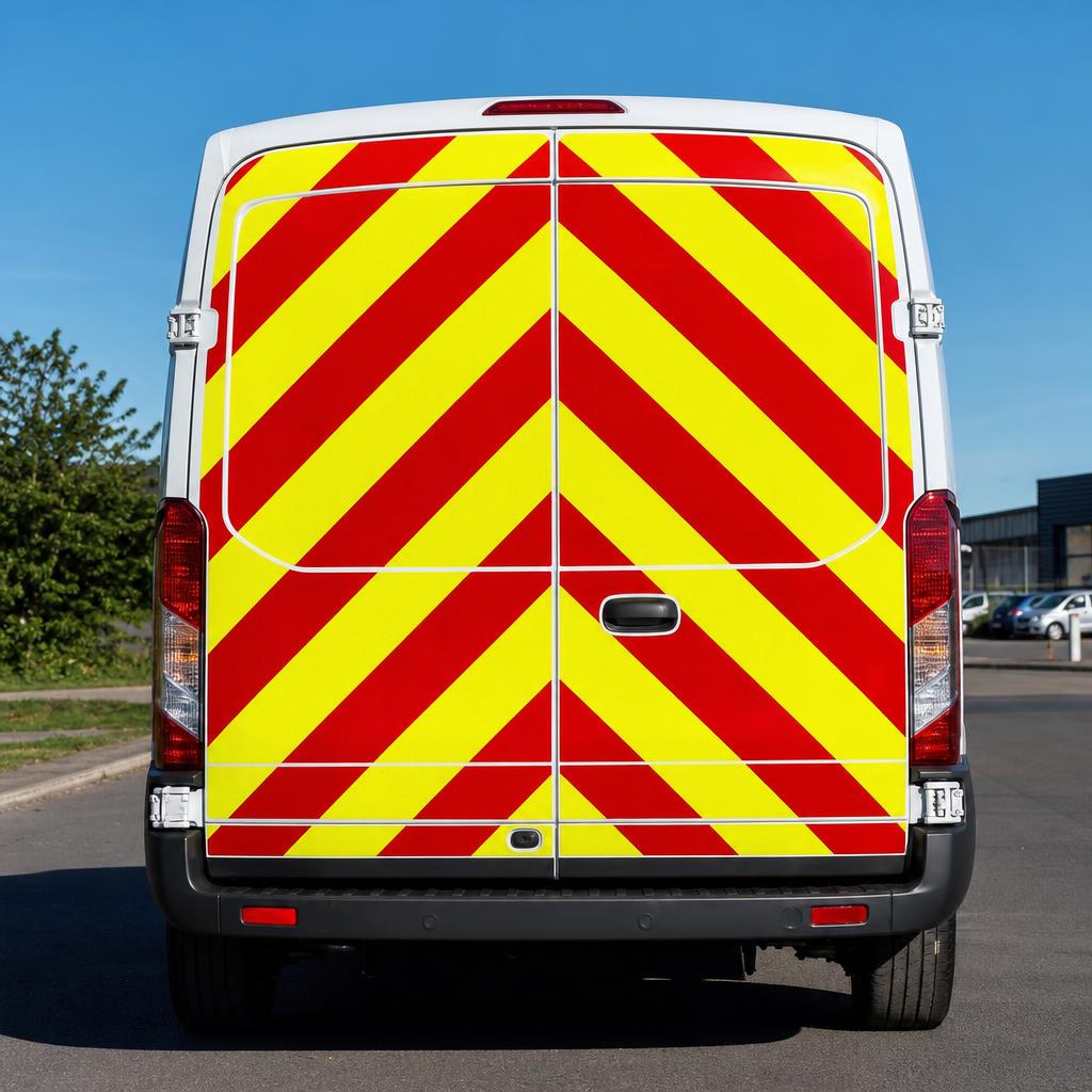 Chapter 8 chevron panel on the rear doors of a white transit van