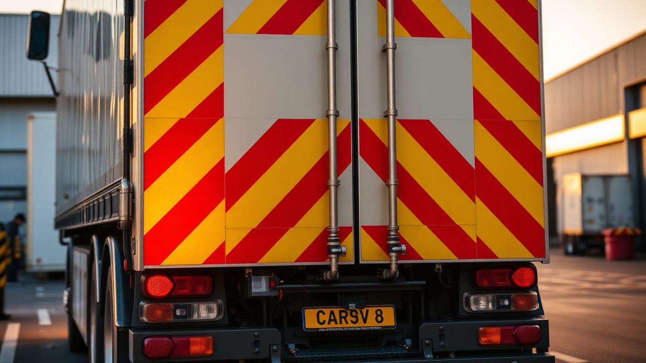 Rear of a UK HGV trailer with red and yellow Chapter 8 chevron markings