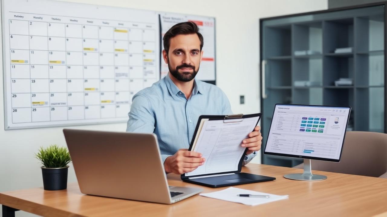 Fleet manager at a desk reviewing a compliance calendar and dashboard