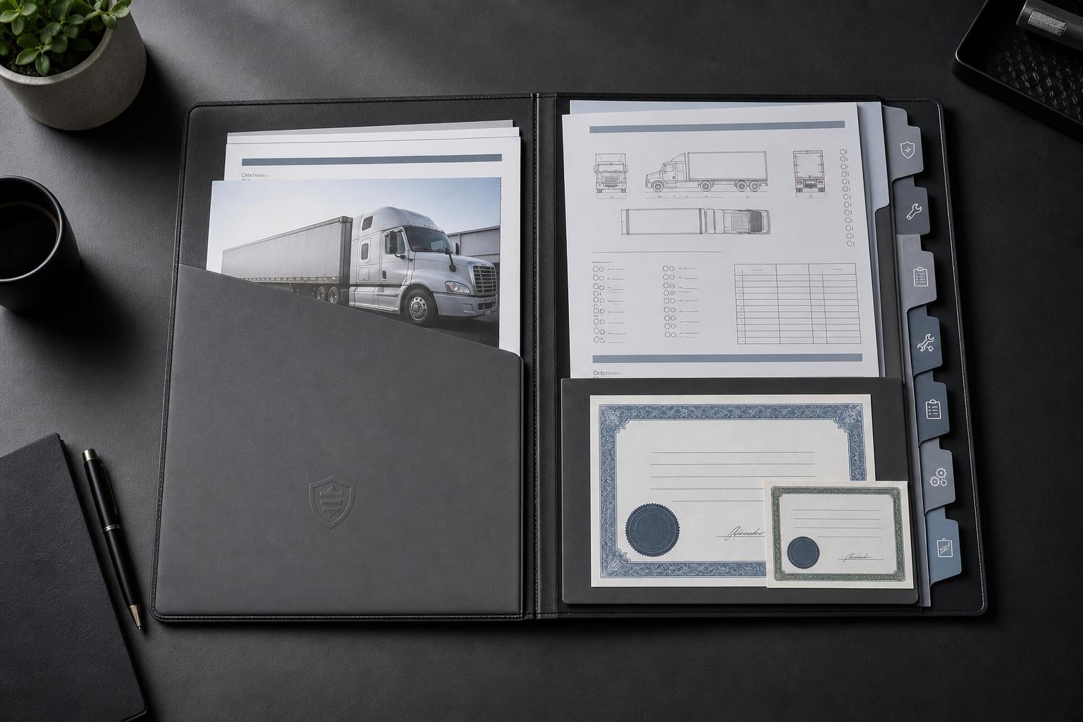 Organised compliance folder with tabbed dividers, inspection sheets and certificates