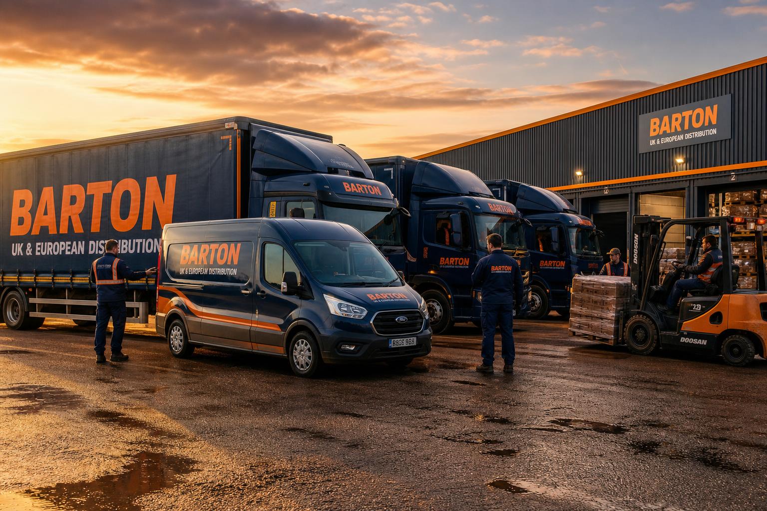 UK haulage depot with a fleet of liveried trucks and a branded van at sunset