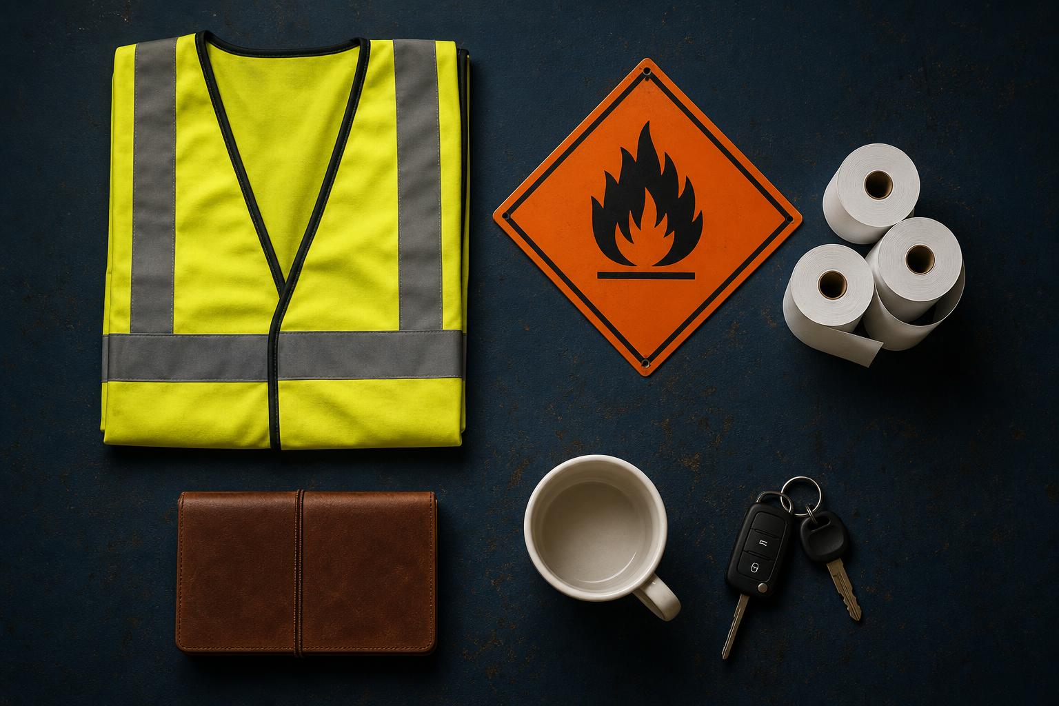 Fleet kit flat-lay: branded hi-vis, ADR hazard placard, business cards, tacho rolls, defect book and van keys laid out on a navy depot bench