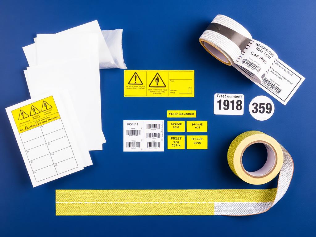 Sheets of industrial labels and stickers: safety labels, racking labels, barcode stickers and fleet number decals on a navy surface