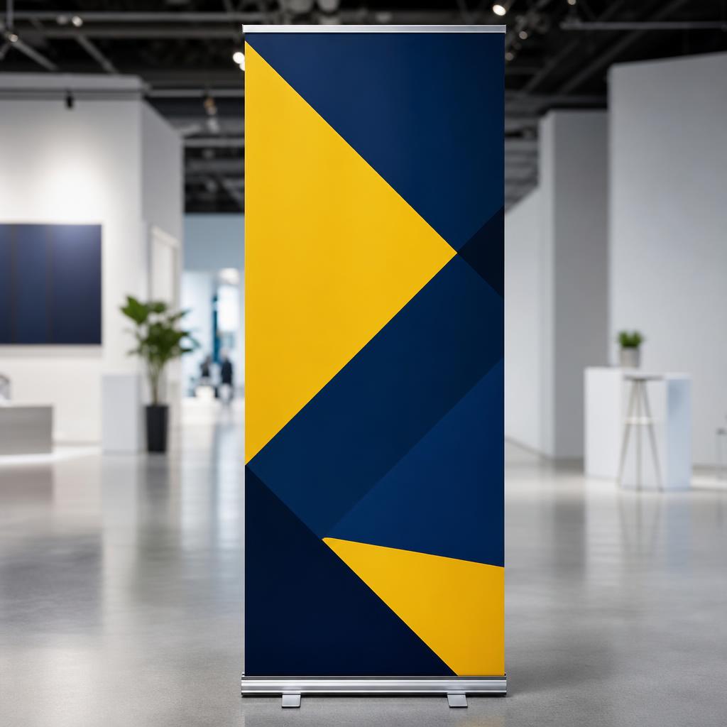 Roller banner stand at an exhibition with navy and yellow branding