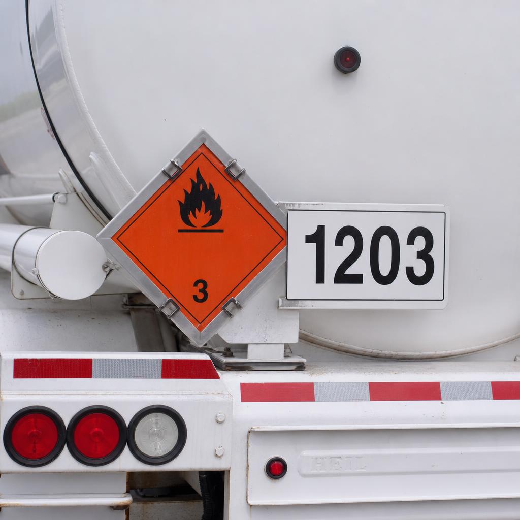 Class 3 ADR hazard placard mounted on the rear of a tanker