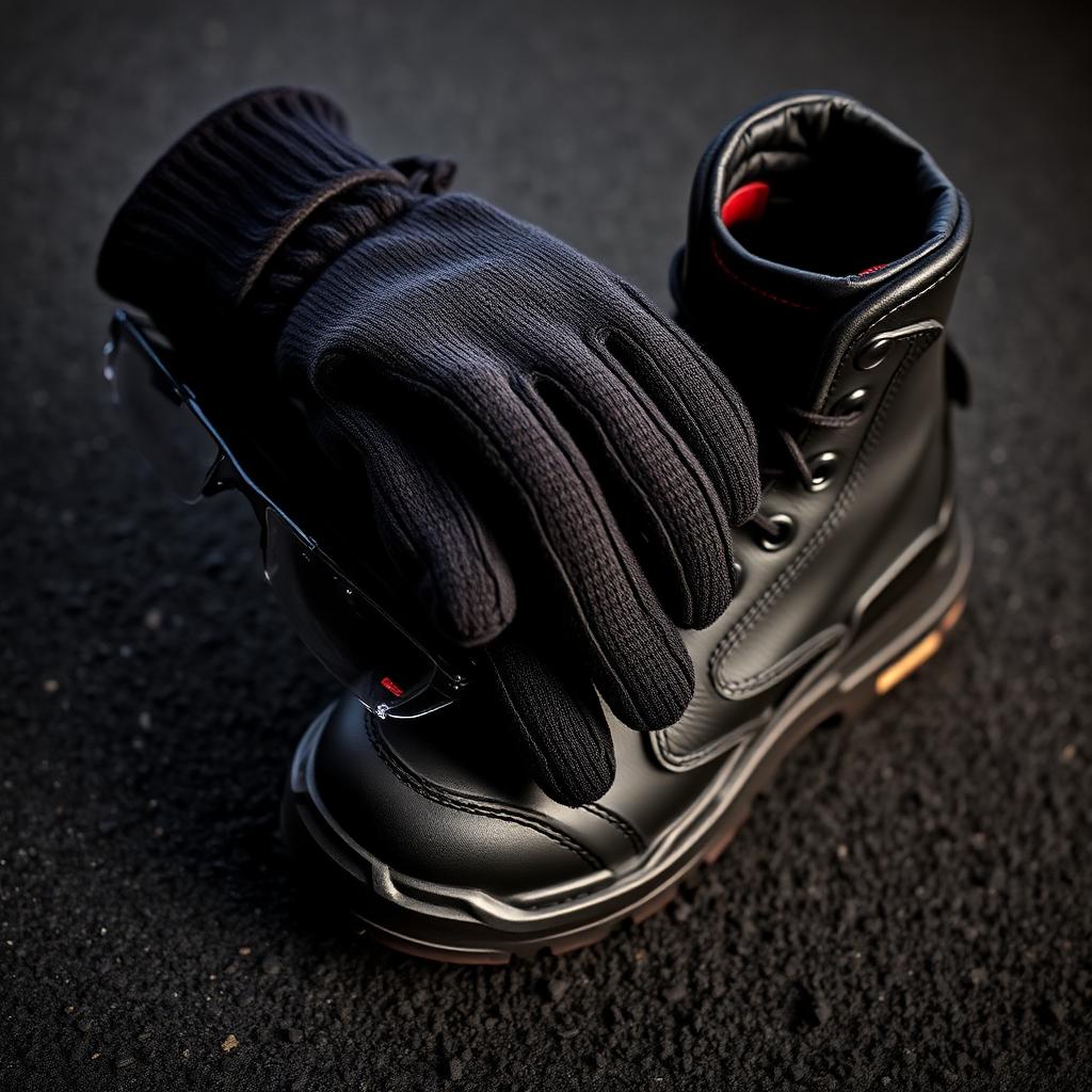 Work gloves, safety glasses and a work boot