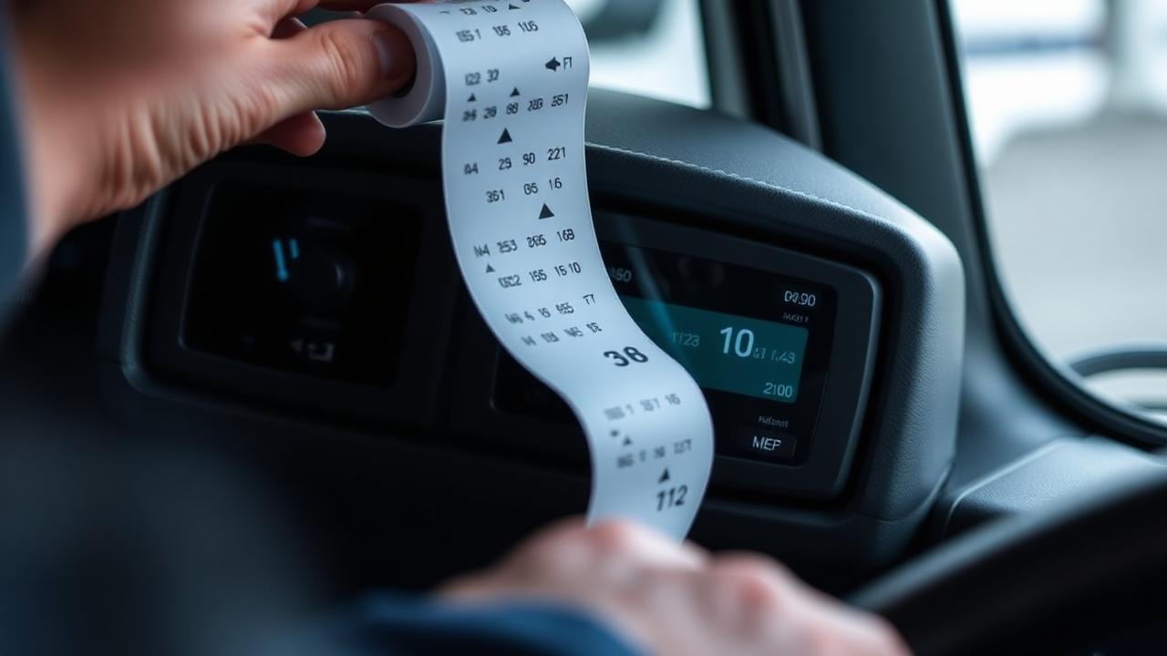 Driver inserting a fresh paper roll into a digital tachograph in an HGV cab