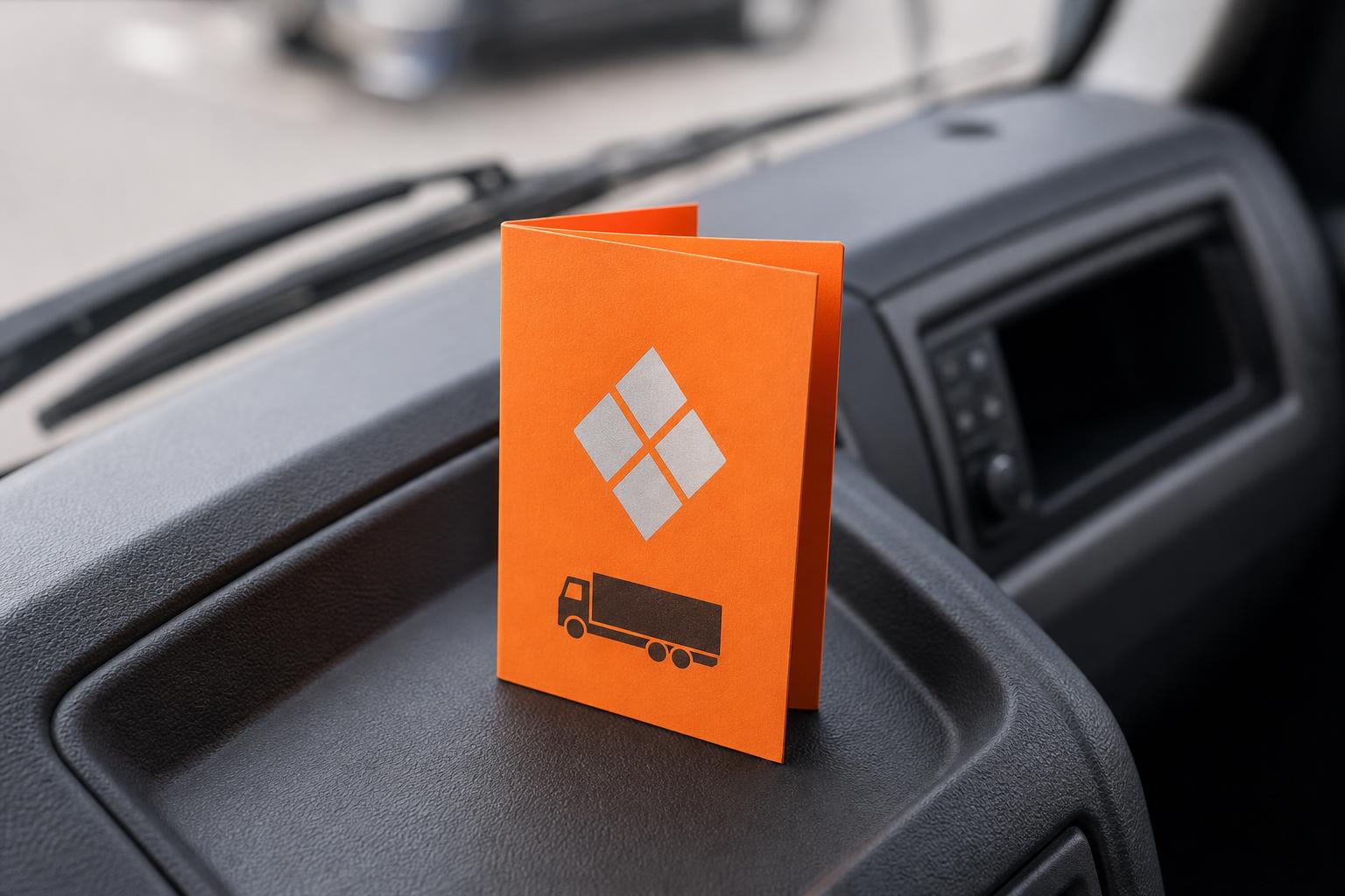Orange folded ADR TREM in-cab instruction card on a truck dashboard