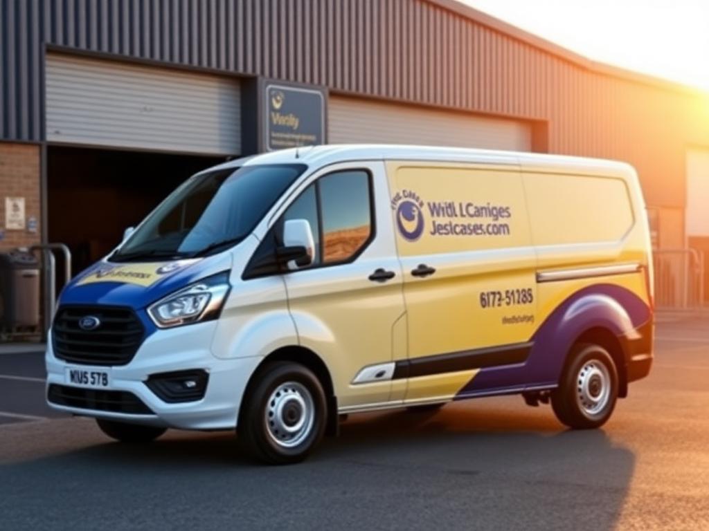 White commercial van with bold navy and yellow branded vinyl livery graphics parked at a depot