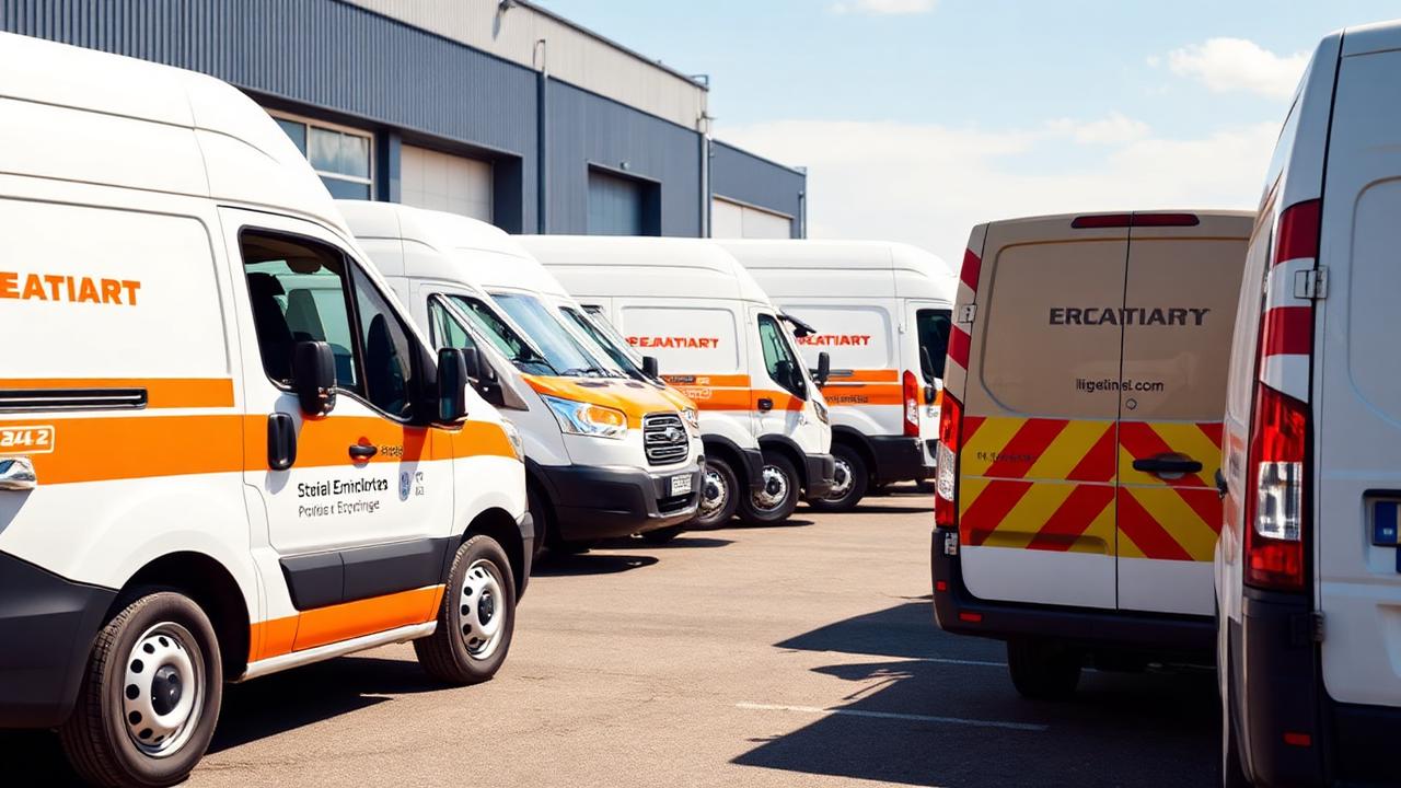 Line of branded delivery vans with professional vehicle livery at a UK depot